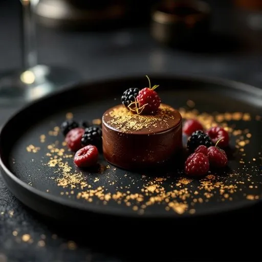 Chocolate dessert with berries and gold