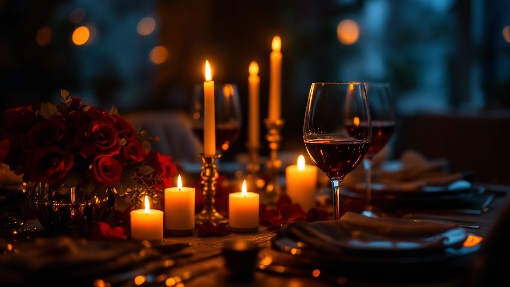 Romantic candlelit dinner table with roses and wine